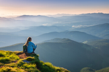 Wall Mural - young woman with backpack sitting on the mountain peak and beautiful mountains in fog at sunset in s