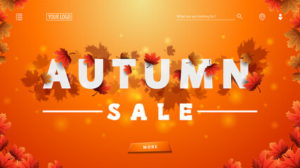 Autumn sale, orange discount banner with 3D white great headline with autumn leafs, frame of autumn leaves around, large offer and button. Discount banner for website