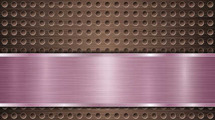 Background of bronze perforated metallic surface with holes and horizontal purple polished plate with a metal texture, glares and shiny edges