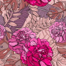 Floral Seamless Pink Pattern With Tropical Plants