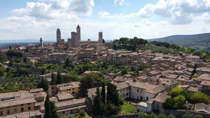 Wall Mural - San Gimignano, Tuscany, Italy - July 16, 2020: aerial view of the medieval city of San Gimignano