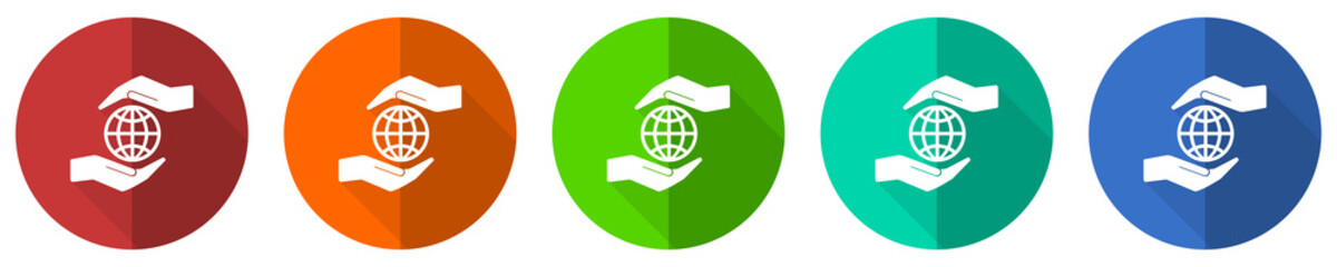 Aufkleber - Hand care planet environment icon set, red, blue, green and orange flat design web buttons isolated on white background, vector illustration