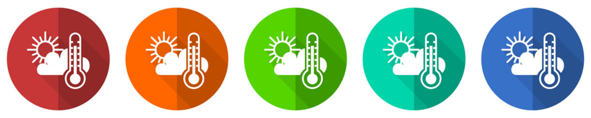 Poster - Weather forecast icon set, red, blue, green and orange flat design web buttons isolated on white background, vector illustration