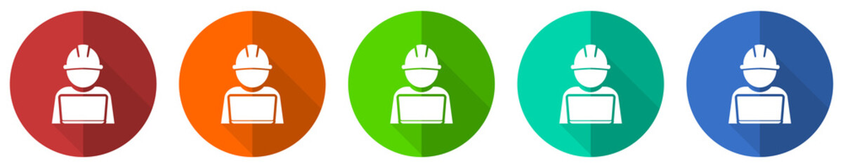 Poster - Engineer with laptop icon set, worker, manager, red, blue, green and orange flat design web buttons isolated on white background, vector illustration