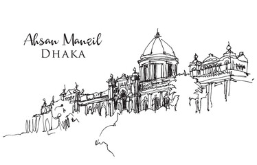 Wall Mural - Drawing sketch illustration of Ahsan Manzil in Dhaka