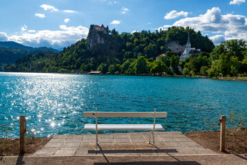 Canvas Print - Bench with beautiful view on Bled lake