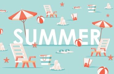 Summer word flat banner template. Beach umbrellas, balls, lounge chairs, and sandcastles vector illustration. Summertime leisure, seasonal recreation, beach party poster concept.