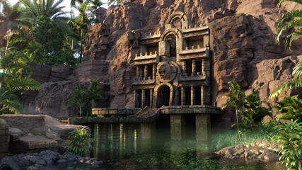 ancient temple of the jaguar in the cliff rocks, hidden in the tropical rainforest, 3D fantasy environment background concept