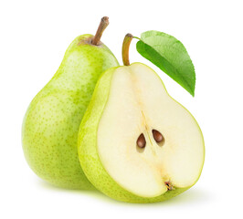 Aufkleber - Isolated pears. One green pear and a half with leaf isolated on white background