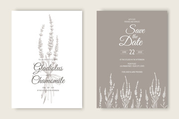 Wall Mural - Vector wedding invitations set with lavender flowers. Romantic tender floral design for wedding invitation, save the date and thank you cards.