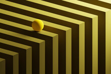 Three Dimensional Render Of Small Yellow Sphere Rolling Over Geometric Pattern