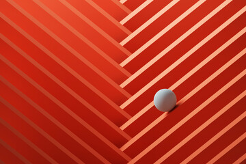 Three dimensional render of small white sphere rolling over geometric pattern