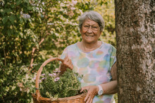 Smiling Retired Senior Woman Holding Basket With Flowers And Herbs While Standing By Tree At Garden