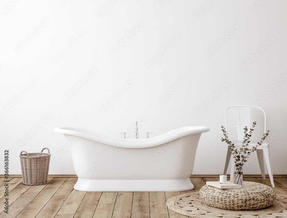 White cozy bathroom interior background, wall mockup, 3d render - obrazy, fototapety, plakaty 