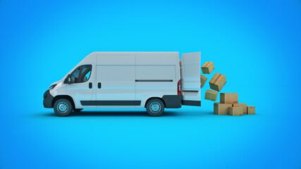 white delivery truck with cardboard boxes. 3d rendering