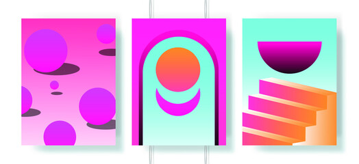 Wall Mural - Retrofuturistic abstract posters with surreal geometric composition in neon acid colors. Vaporwave and synthwave style covers for music event.