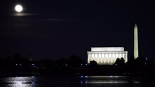 The Lincoln Memorial And Washington Monument With A Full Moon Across The Potomac River