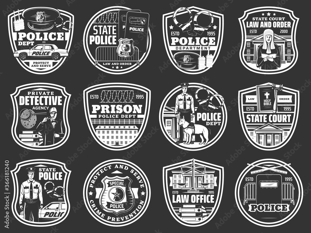 Law and order icons of vector police, law office, detective, prison and court design. Police officer, jail and court, judge gavel, sheriff badge, policeman cap and scale of justice, handcuffs and car - obrazy, fototapety, plakaty 