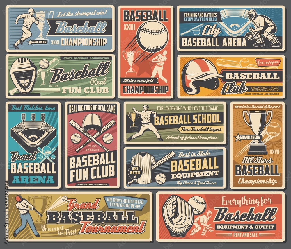 Baseball sport retro posters with vector balls, bats and players. Basketball team sport game play league tournament trophies or champion cups, stadium field with base and equipment, cap, glove, jersey - obrazy, fototapety, plakaty 