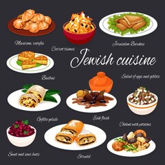 Canvas Print - Jewish cuisine meat, vegetable dishes with desserts, vetor food. Potato cholent and beef with prunes, chicken giblets and beet salads, apple strudel, tsimes and almond cookies, cheese pastry and cake