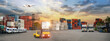 © Travel mania - Logistics and transportaIndustrial Container Cargo freight ship, forklift handling container box loading for logistic import export and transport industry concept backgroundtransport industry