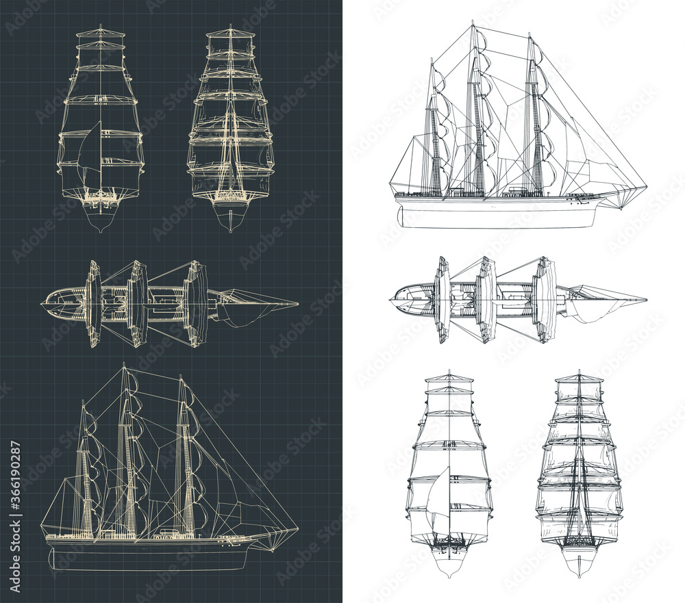 Large sailing ship drawings - obrazy, fototapety, plakaty 