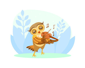 Sticker - Adorable Owl Bird Character Playing Violin Cartoon Vector Illustration