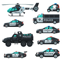 Police Vehicles Collection, Emergency Patrol Transport, Side View Flat Vector Illustration