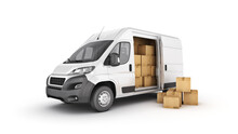 Commercial Delivery Vans With Cardboard Boxes. 3d Rendering