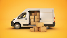Commercial Delivery Vans With Cardboard Boxes. 3d Rendering