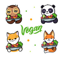 Set Of Animals Holding A Plate Of Veggies For Vegetarian Food Advertising. The Funny Characters Like Healthy Avocado And Broccoli. Suitable For Posters, Cards, Flyers, Etc. Vector Illustration 