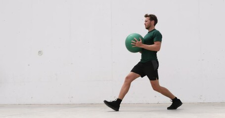 Wall Mural - Working out man training legs and core ab workout doing lunge exercise with medicine ball weight. Gym athlete doing lunges for legs training.