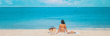 Beach Summer Vacation Banner Relaxing Sunbathing Woman Lying On Towel Tanning Alone Panorama Travel On Blue Ocean Panoramic Header Crop.