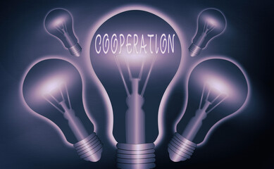 Conceptual hand writing showing Cooperation. Concept meaning the acts of someone supportive in doing what is needed Realistic colored vintage light bulbs, idea sign solution