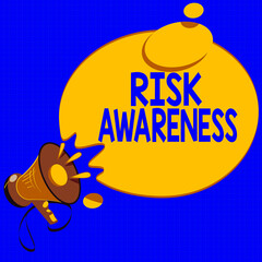 Sticker - Handwriting text writing Risk Awareness. Conceptual photo recognizing factors that may cause a lifethreatening effect Megaphone with Sound Effect icon and Blank Round Halftone Thought Bubble