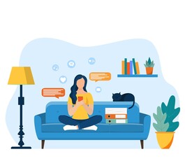 Freelance work landing page template. Concept design for poster, banner, flyer, web page. Woman using phone sitting on the chair with crossed legs. Vector illustration in flat style