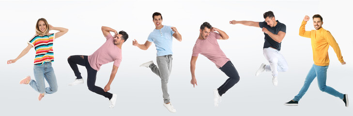 Wall Mural - Collage with photos of young people in fashion clothes jumping on white background. Banner design