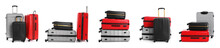 Set Of Different Suitcases On White Background. Banner Design