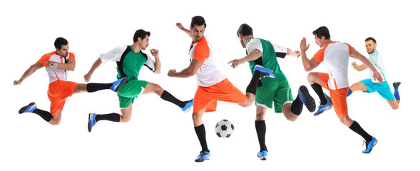 Wall Mural - Collage of photos with young men playing football on white background. Banner design