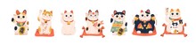 Set Of Different Japanese Lucky Cat Maneki Neko Vector Illustration. Collection Of Cute Oriental Feline Figure With Raised Paw For Attracting Money And Luck Isolated. Traditional Asian Toy Symbol