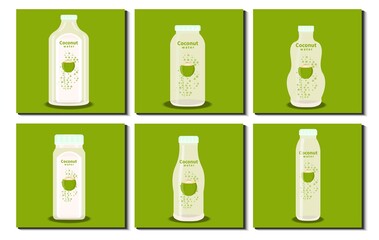 Set of Juice Bottle. Different coconut fruit pattern, stripe, icon etc. Flat Design Vector Illustration.