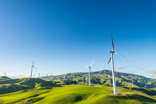 Wind Farm Under A Clear Blue Sky Morning In Te Apiti, New Zealand