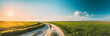 © Great Brut Here - Sun Sunshine In Sunset Bright Sky. Beautiful Evening Sky Above Rural Landscape With Country Road. Young Green Wheat Field Meadow And Countryside Road. Agricultural And Weather Forecast Concept