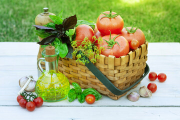 Canvas Print - Italian cuisine ingredients. Tomatoes, herbs and spices