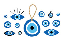 Set, Collection Of Nazar Amulets, Evil Eye Protection Talismans. Turkish Blue Eye-shaped Amulets. 