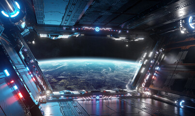 Wall Mural - Blue and red futuristic spaceship interior with window view on planet Earth 3d rendering