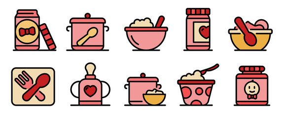 Sticker - Baby kitchen icons set. Outline set of baby kitchen vector icons thin line color flat on white