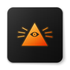 Wall Mural - Orange glowing neon Masons symbol All-seeing eye of God icon isolated on white background. The eye of Providence in the triangle. Black square button. Vector Illustration.