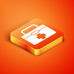 Isometric First aid kit icon isolated on orange background. Medical box with cross. Medical equipment for emergency. Healthcare concept. Vector Illustration.