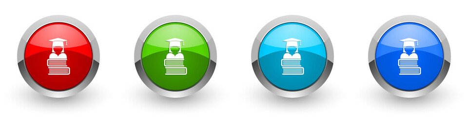 Aufkleber - Student silver metallic glossy icons, books education, knowledge concept set of modern design buttons for web, internet and mobile applications in four colors options isolated on white background